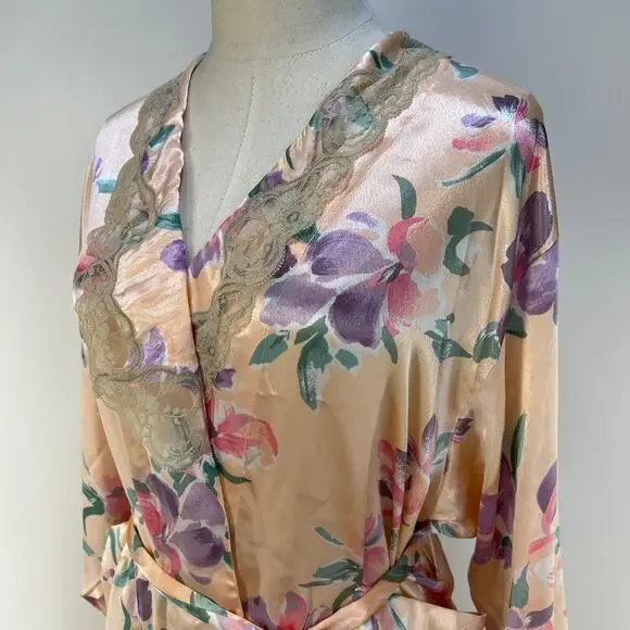 Victoria's Secret Long Printed Floral Pastel Pink Robe Vintage Gold Label